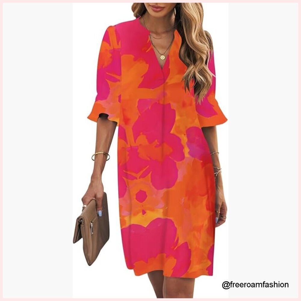 V-Neck Shift Dress Short Sleeves Flowy Casual Summer Polyester S-2XL